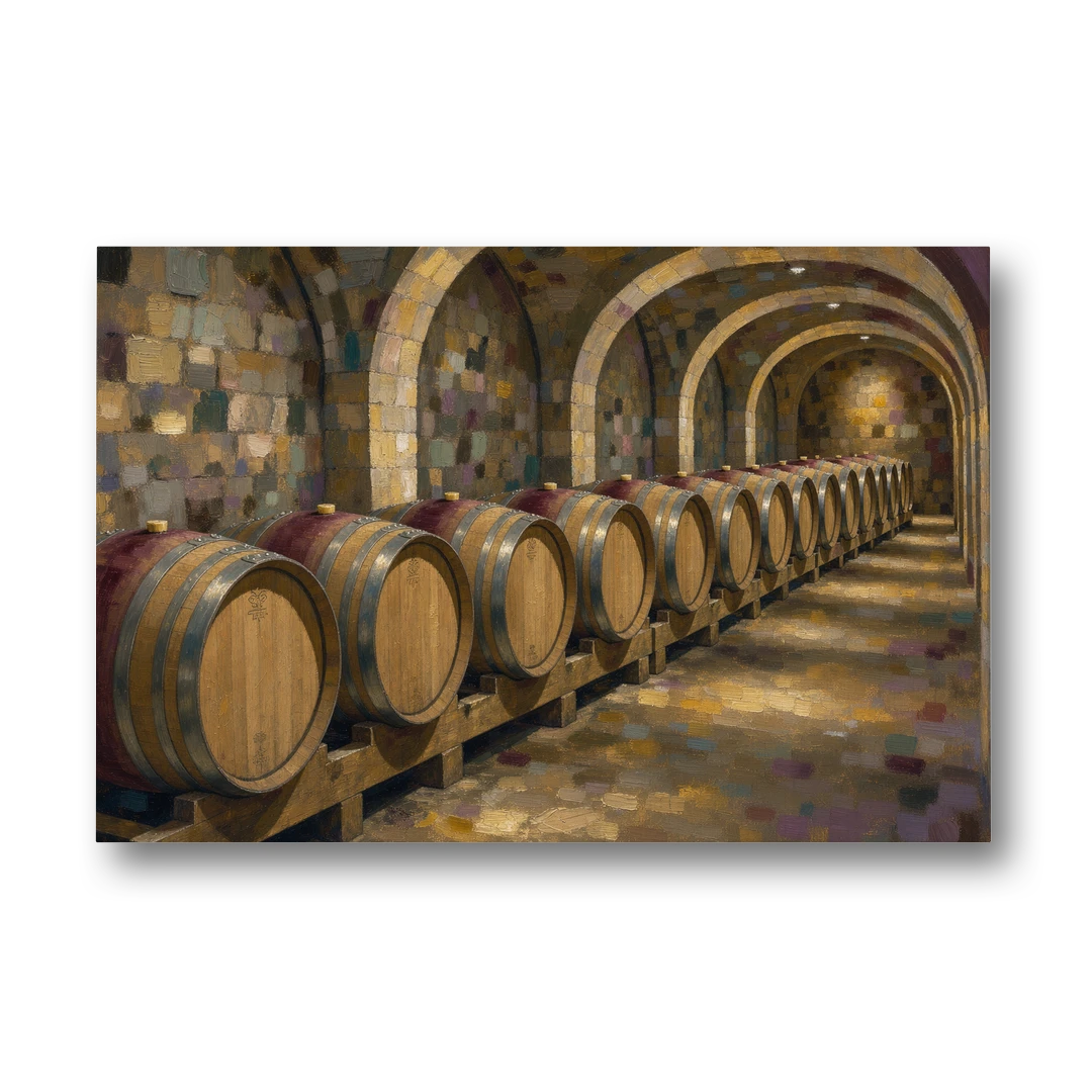 Winery Decor Oak Barrels Beneath the Stone Vault - Canvas Wall Art - Front