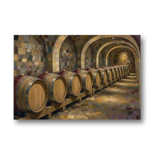 Winery Decor Oak Barrels Beneath the Stone Vault - Canvas Wall Art - Front
