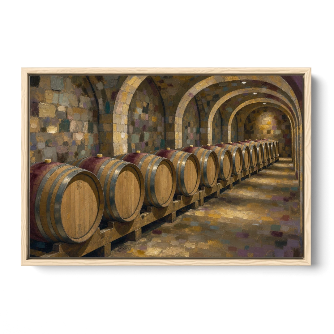 Winery Decor Oak Barrels Beneath the Stone Vault - Oak Framed Canvas Wall Art - Front