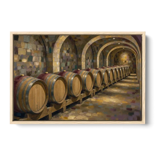 Winery Decor Oak Barrels Beneath the Stone Vault - Oak Framed Canvas Wall Art - Front