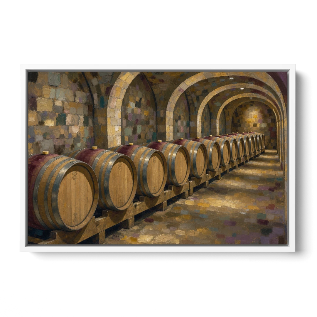 Winery Decor Oak Barrels Beneath the Stone Vault - White Framed Canvas Wall Art - Front