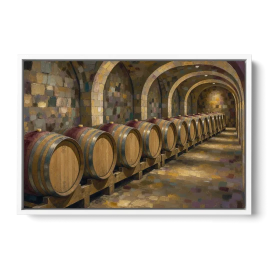 Winery Decor Oak Barrels Beneath the Stone Vault - White Framed Canvas Wall Art - Front