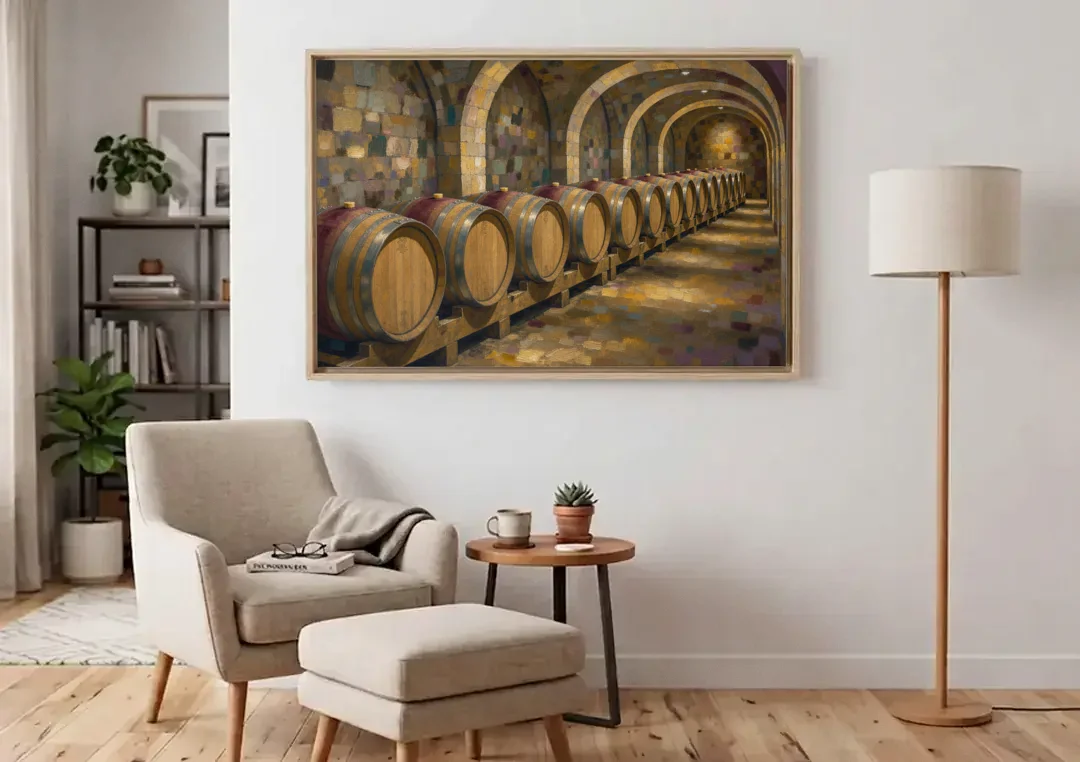 Winery Decor Oak Barrels Beneath the Stone Vault canvas wall art above an armchair in a bright living room