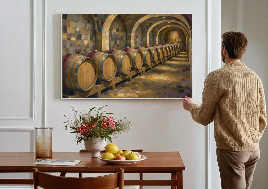 Winery Decor Oak Barrels Beneath the Stone Vault canvas wall art above a dining table