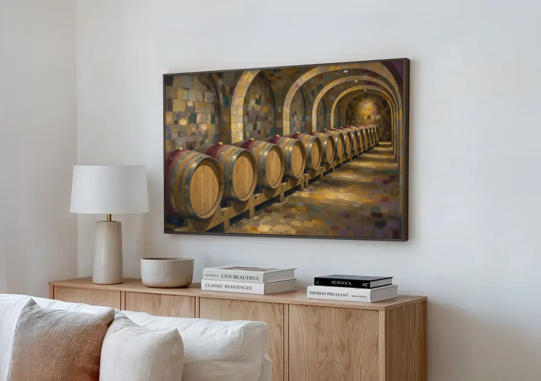 Winery Decor Oak Barrels Beneath the Stone Vault canvas wall art above a wooden sideboard next to a sofa