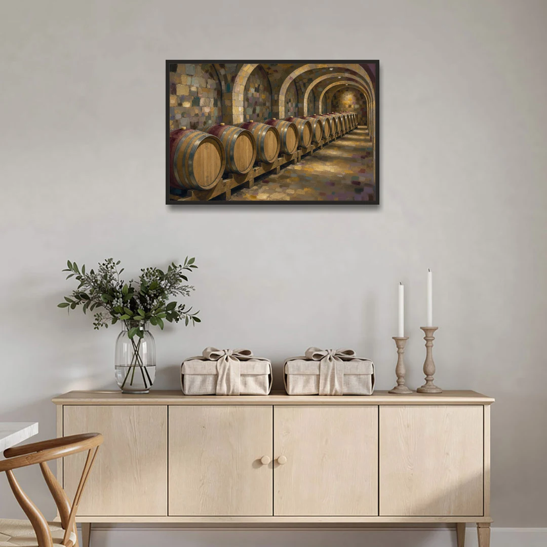 Winery Decor Oak Barrels Beneath the Stone Vault - Black Framed Canvas Wall Art - Coffee Table - 36x24