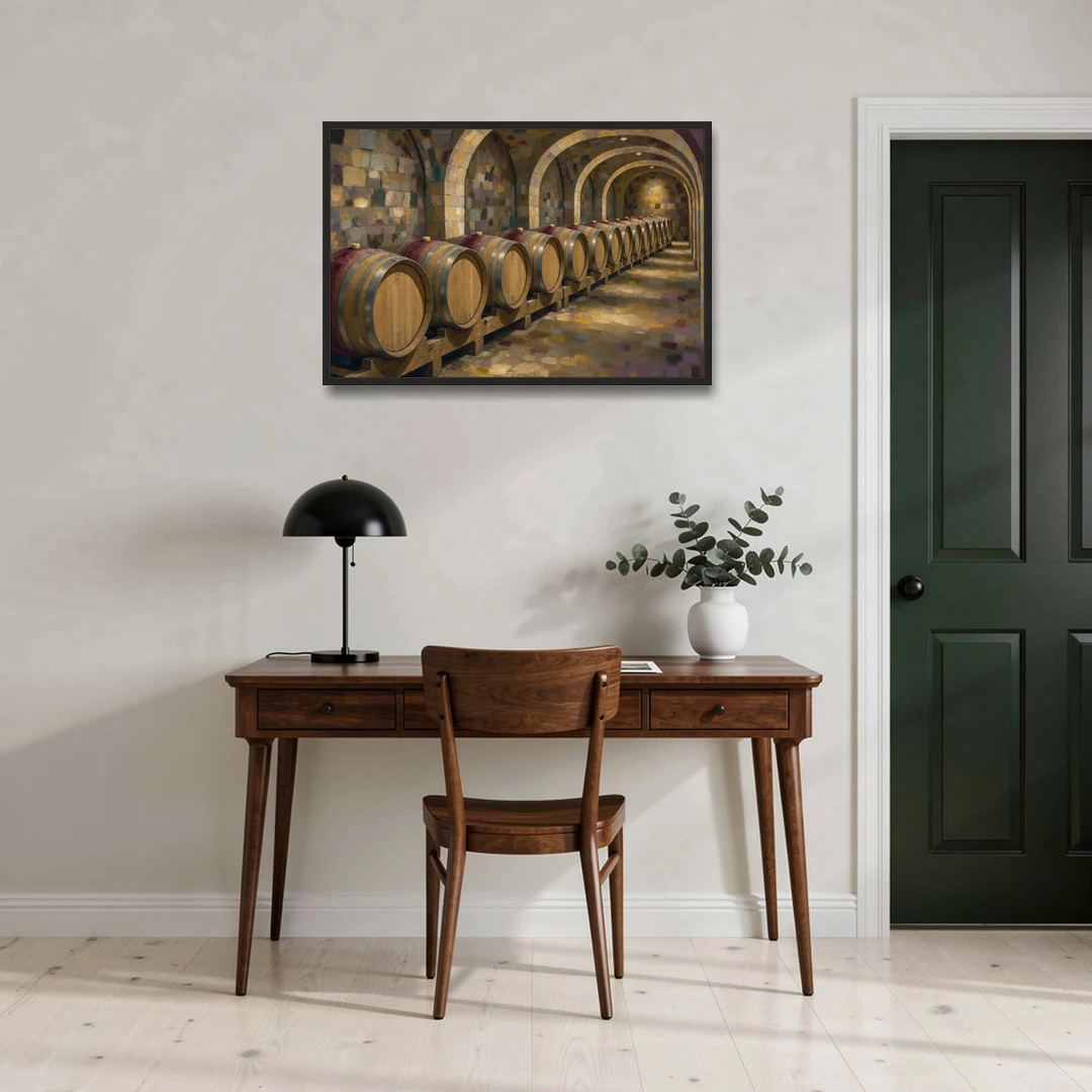 Winery Decor Oak Barrels Beneath the Stone Vault - Black Framed Canvas Wall Art - Office - 36x24