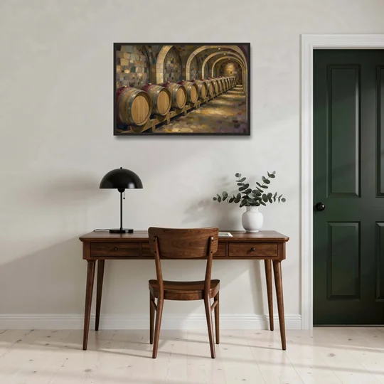 Winery Decor Oak Barrels Beneath the Stone Vault - Black Framed Canvas Wall Art - Office - 36x24