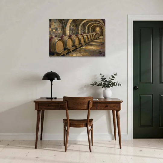 Winery Decor Oak Barrels Beneath the Stone Vault - Canvas Wall Art - Office - 36x24