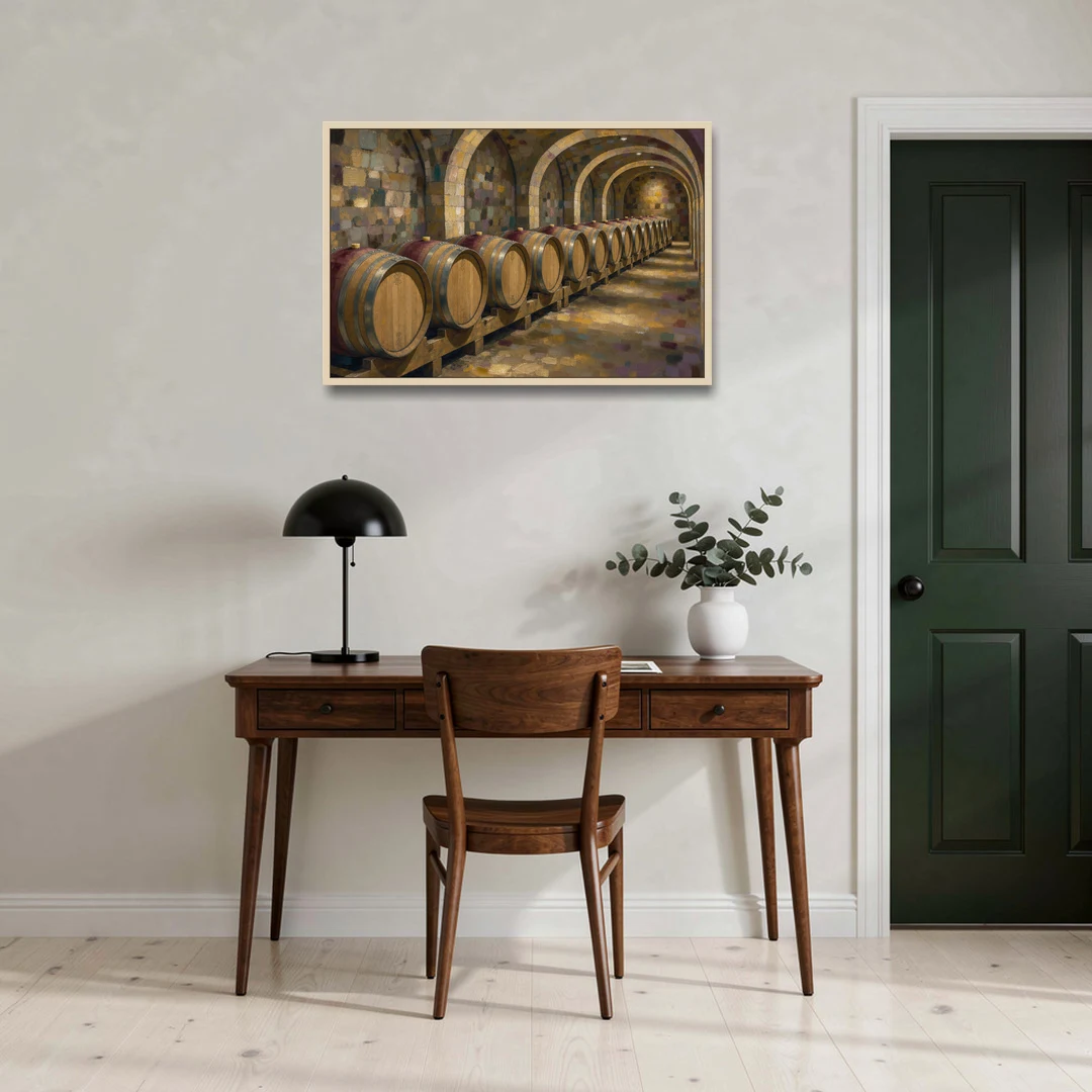 Winery Decor Oak Barrels Beneath the Stone Vault - Oak Framed Canvas Wall Art - Office - 36x24