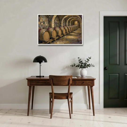 Winery Decor Oak Barrels Beneath the Stone Vault - White Framed Canvas Wall Art - Office - 36x24