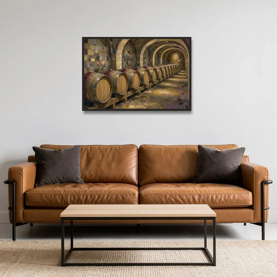 Winery Decor Oak Barrels Beneath the Stone Vault - Black Framed Canvas Wall Art - Sofa - 36x24