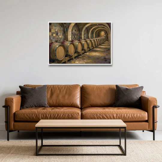 Winery Decor Oak Barrels Beneath the Stone Vault - White Framed Canvas Wall Art - Sofa - 36x24