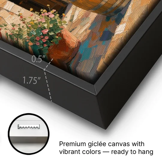 Winery Wall Art of Sunlit Barrel Tables - Black Framed Canvas Wall Art - Gallery Wrap Corner