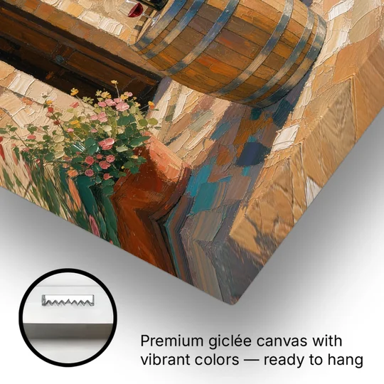 Winery Wall Art of Sunlit Barrel Tables - Canvas Wall Art - Gallery Wrap Corner