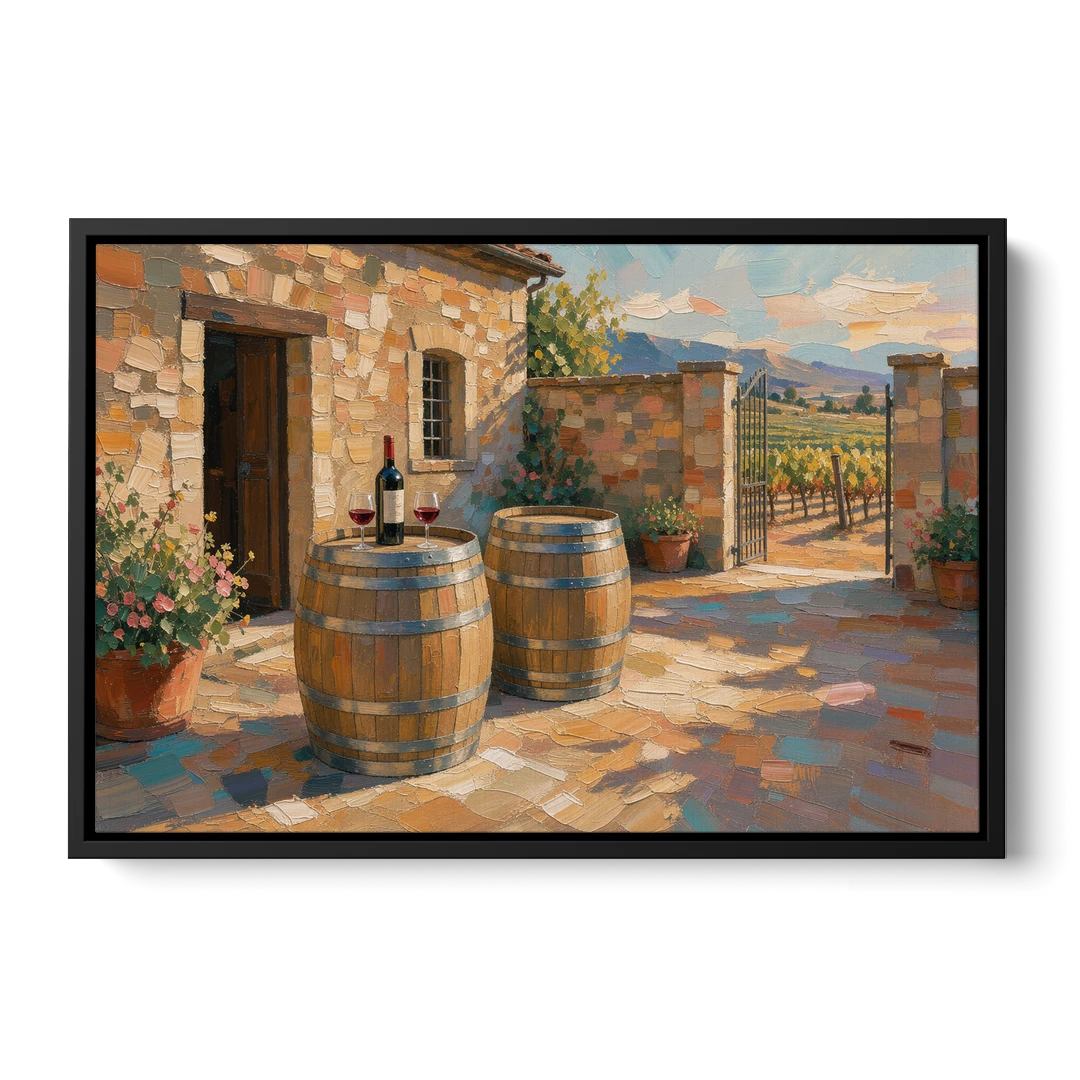 Winery Wall Art of Sunlit Barrel Tables - Black Framed Canvas Wall Art - Front