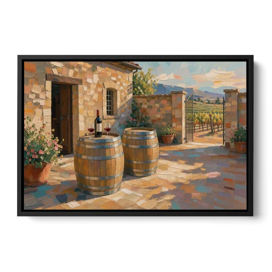 Winery Wall Art of Sunlit Barrel Tables - Black Framed Canvas Wall Art - Front
