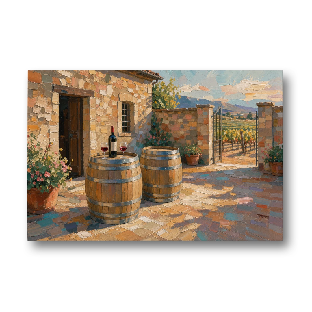 Winery Wall Art of Sunlit Barrel Tables - Canvas Wall Art - Front