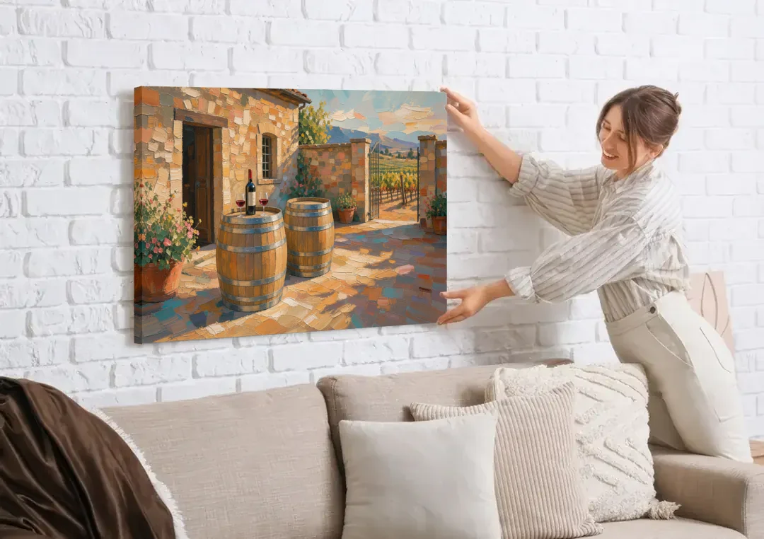 Winery Wall Art of Sunlit Barrel Tables canvas wall art being hung on a white brick wall above a sofa
