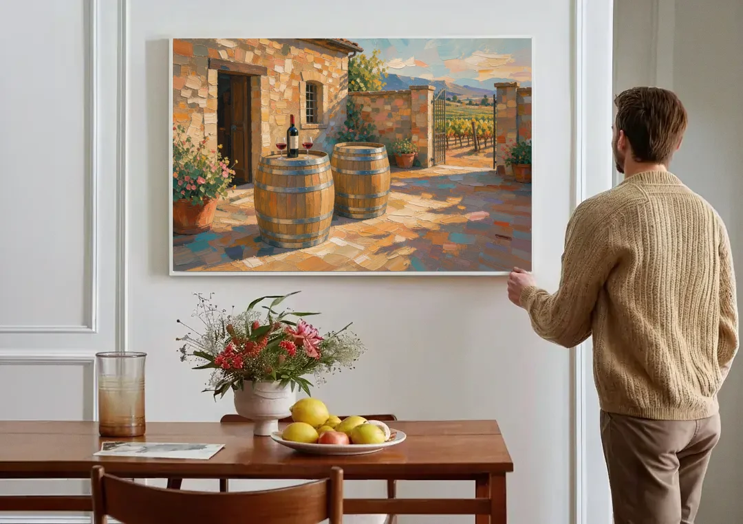 Winery Wall Art of Sunlit Barrel Tables canvas wall art above a dining table
