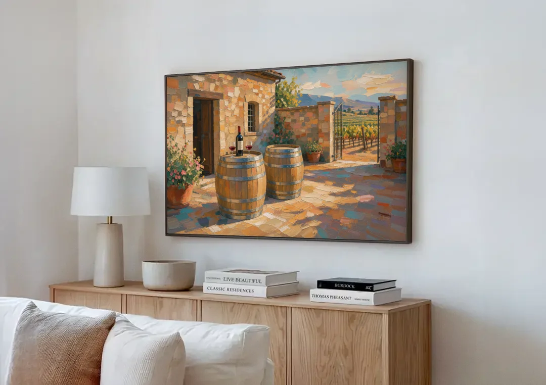 Winery Wall Art of Sunlit Barrel Tables canvas wall art above a wooden sideboard next to a sofa