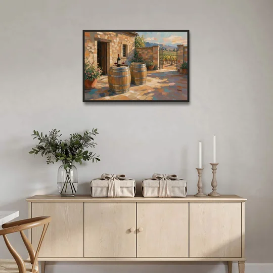 Winery Wall Art of Sunlit Barrel Tables - Black Framed Canvas Wall Art - Coffee Table - 36x24