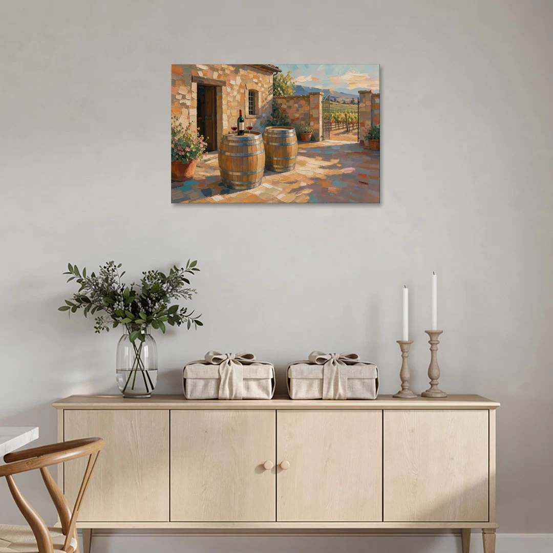 Winery Wall Art of Sunlit Barrel Tables - Canvas Wall Art - Coffee Table - 36x24