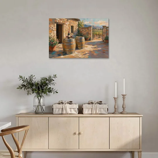 Winery Wall Art of Sunlit Barrel Tables - Canvas Wall Art - Coffee Table - 36x24