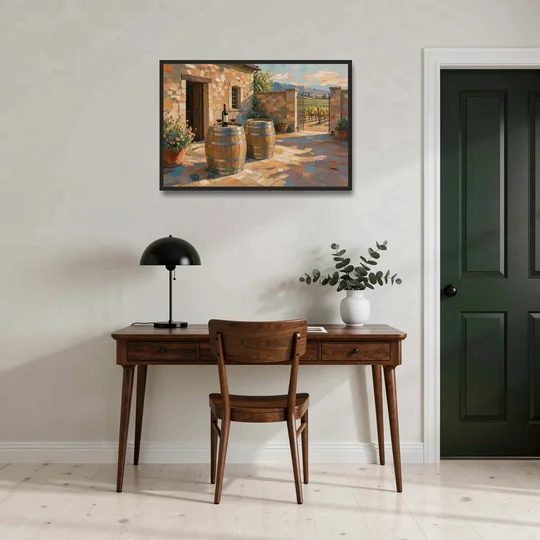 Winery Wall Art of Sunlit Barrel Tables - Black Framed Canvas Wall Art - Office - 36x24