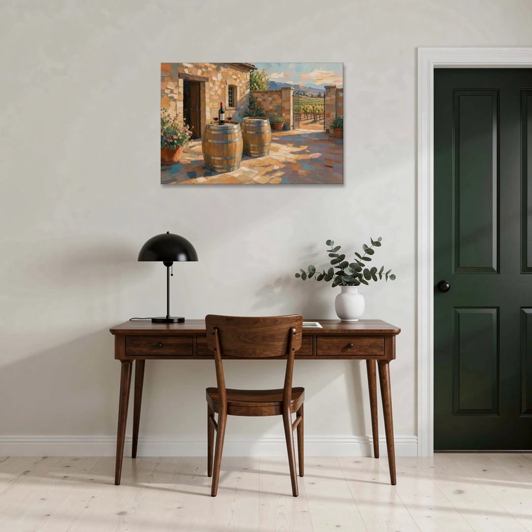 Winery Wall Art of Sunlit Barrel Tables - Canvas Wall Art - Office - 36x24