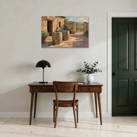 Winery Wall Art of Sunlit Barrel Tables - Canvas Wall Art - Office - 36x24