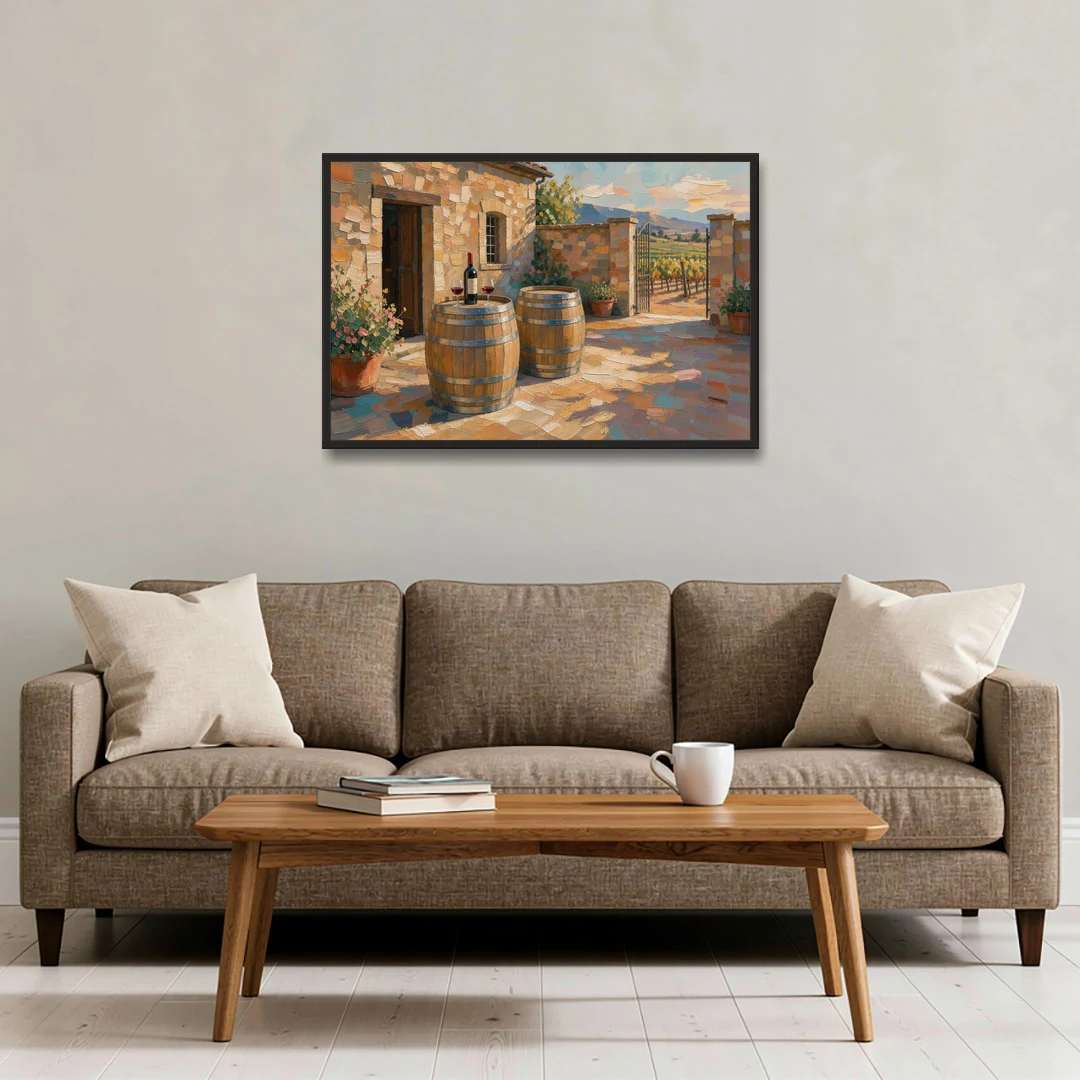 Winery Wall Art of Sunlit Barrel Tables - Black Framed Canvas Wall Art - Sofa - 36x24