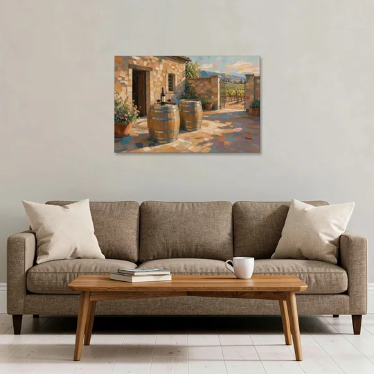 Winery Wall Art of Sunlit Barrel Tables - Canvas Wall Art - Sofa - 36x24
