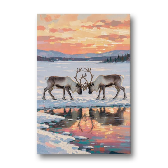 Winter Animal Painting of Sparring Reindeer - Canvas Wall Art - Front