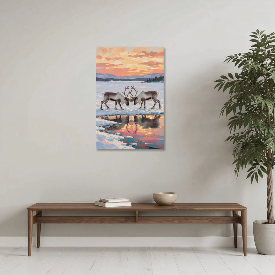 Winter Animal Painting of Sparring Reindeer - Canvas Wall Art - Coffee Table - 24x36