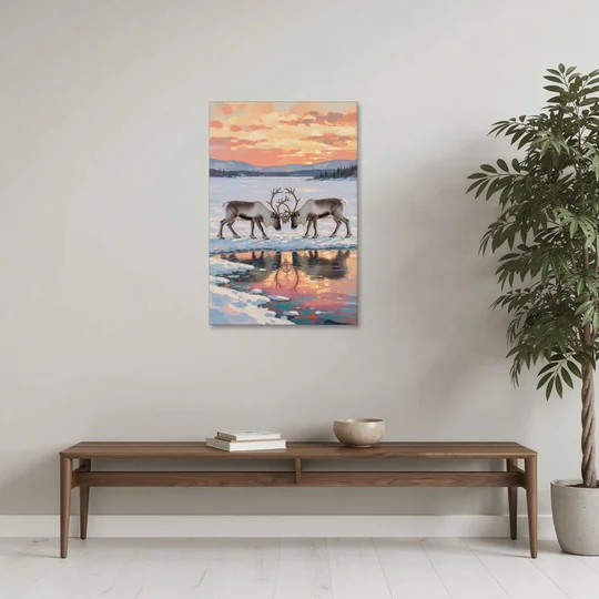 Winter Animal Painting of Sparring Reindeer - Canvas Wall Art - Coffee Table - 24x36