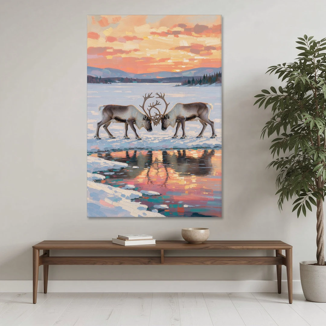 Winter Animal Painting of Sparring Reindeer - Canvas Wall Art - Coffee Table - 40x60