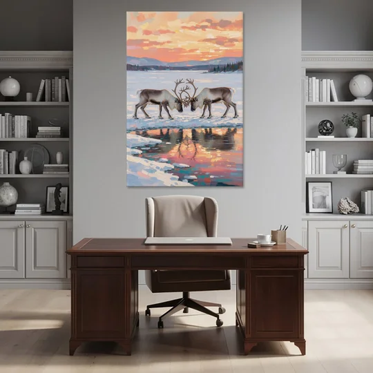 Winter Animal Painting of Sparring Reindeer - Canvas Wall Art - Office - 40x60
