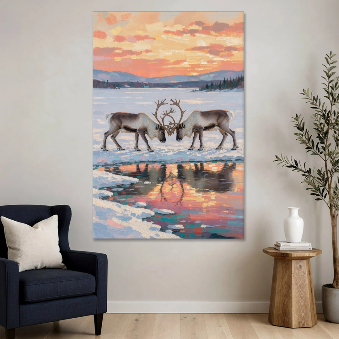 Winter Animal Painting of Sparring Reindeer - Canvas Wall Art - Sofa - 40x60