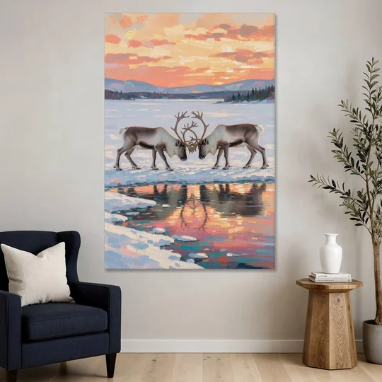 Winter Animal Painting of Sparring Reindeer - Canvas Wall Art - Sofa - 40x60