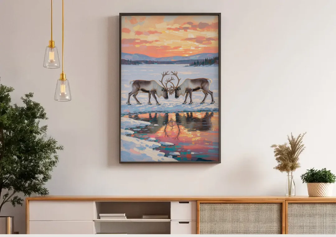 Winter Animal Painting of Sparring Reindeer canvas wall art above a wooden sideboard under pendant lights