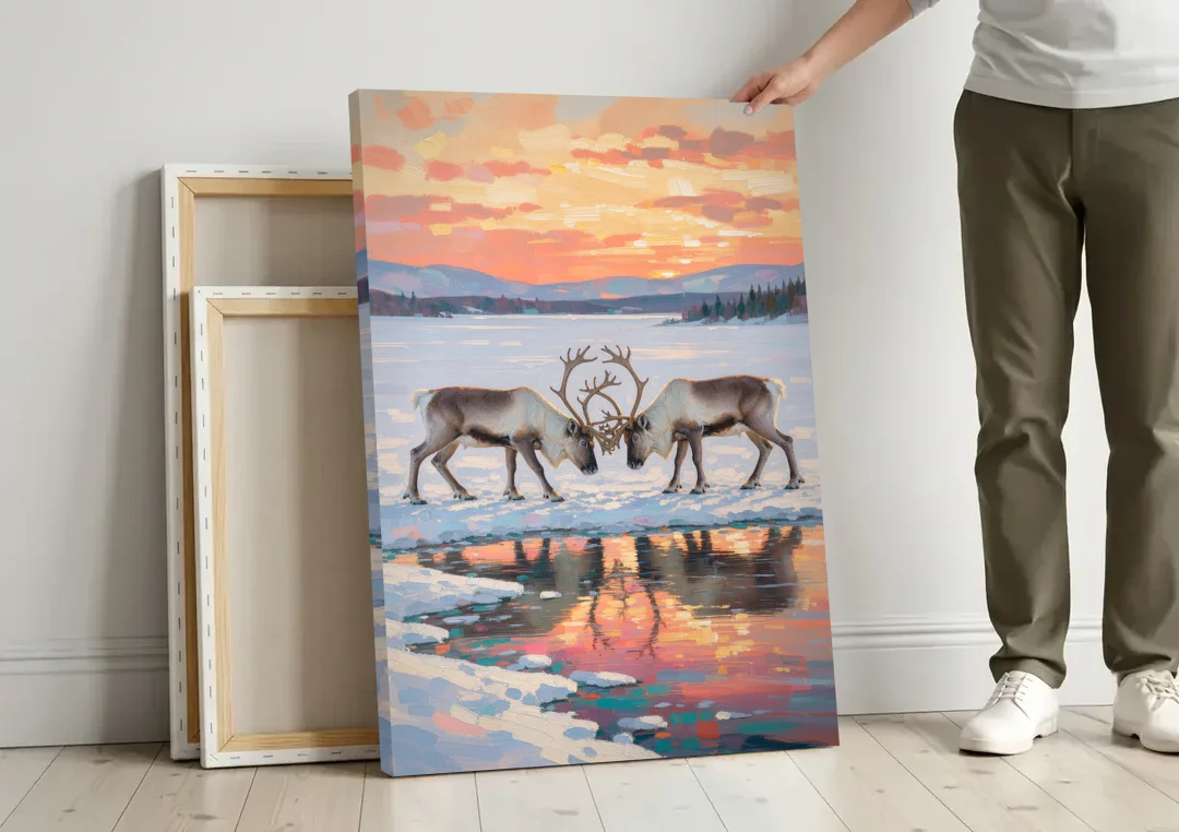 Winter Animal Painting of Sparring Reindeer canvas wall art leaning against a wall next to blank canvases