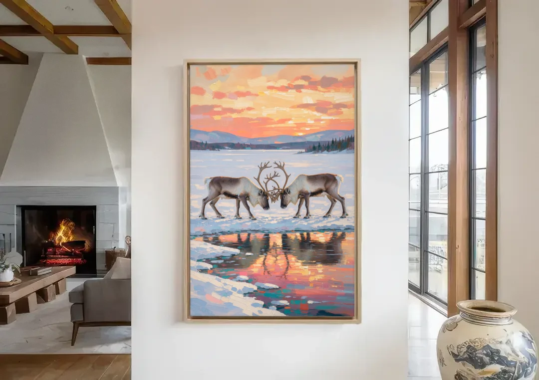 Winter Animal Painting of Sparring Reindeer canvas wall art in a living room with a fireplace