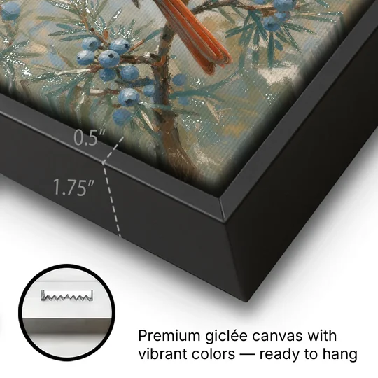Winter Bird Painting with Juniper Berries - Black Framed Canvas Wall Art - Gallery Wrap Corner