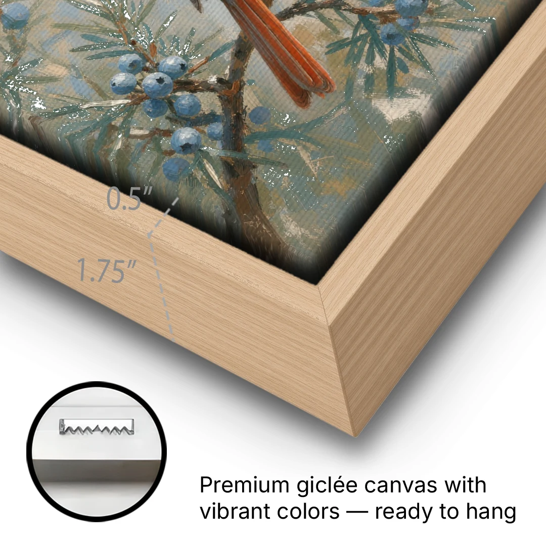 Winter Bird Painting with Juniper Berries - Oak Framed Canvas Wall Art - Gallery Wrap Corner