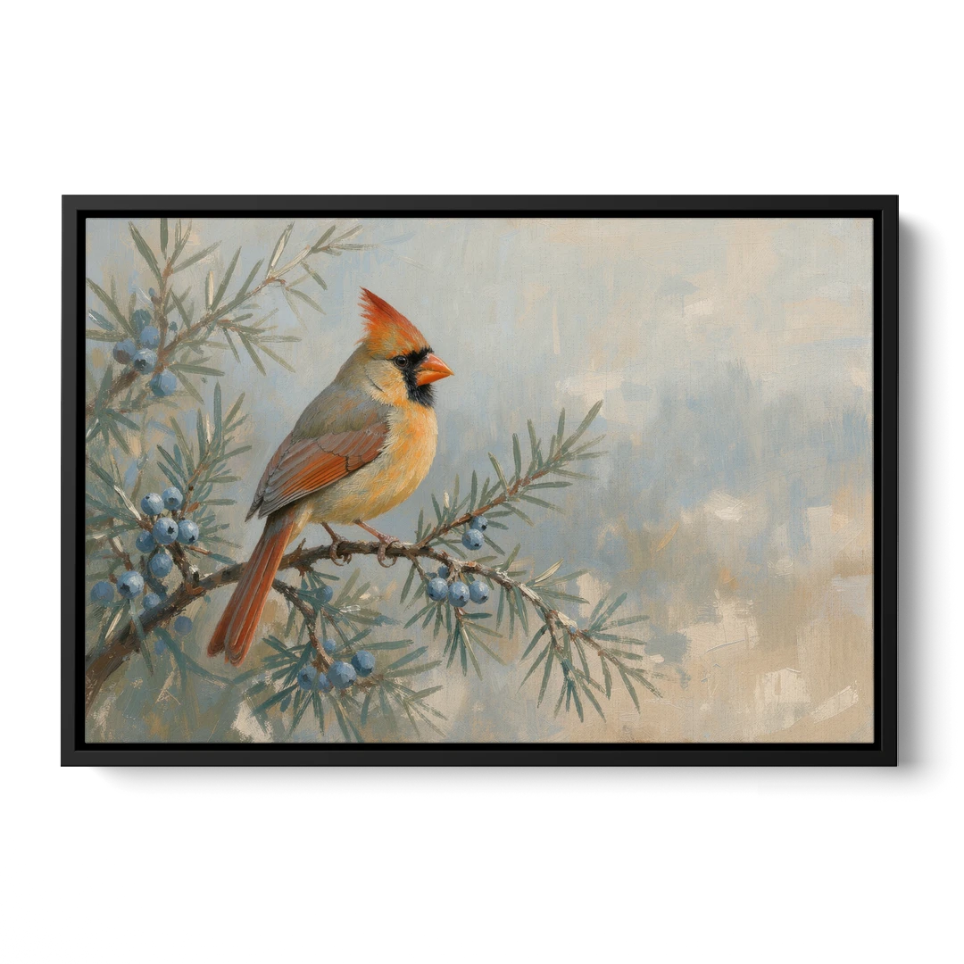 Winter Bird Painting with Juniper Berries - Black Framed Canvas Wall Art - Front