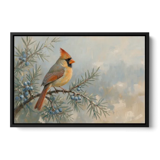 Winter Bird Painting with Juniper Berries - Black Framed Canvas Wall Art - Front