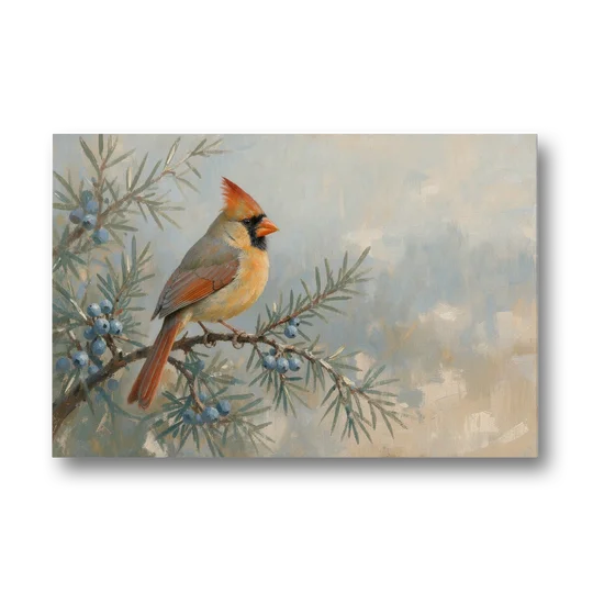 Winter Bird Painting with Juniper Berries - Canvas Wall Art - Front