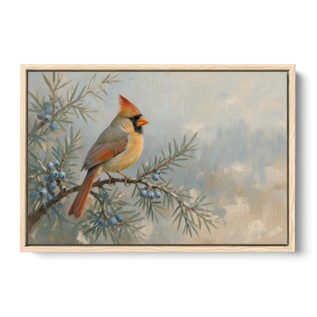 Winter Bird Painting with Juniper Berries - Oak Framed Canvas Wall Art - Front