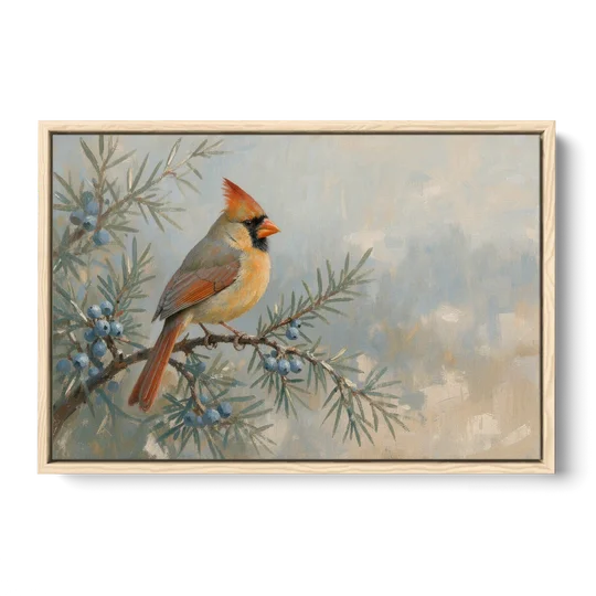 Winter Bird Painting with Juniper Berries - Oak Framed Canvas Wall Art - Front